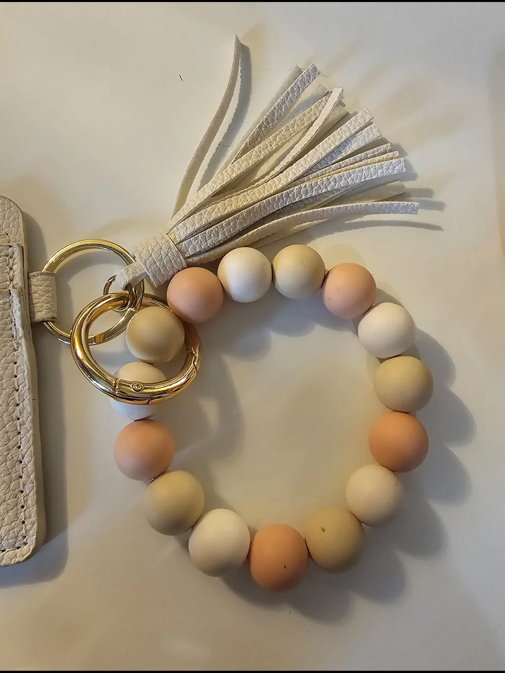 Cream Leather Card Wallet with Peach-Beige Beaded Tassel Keyring